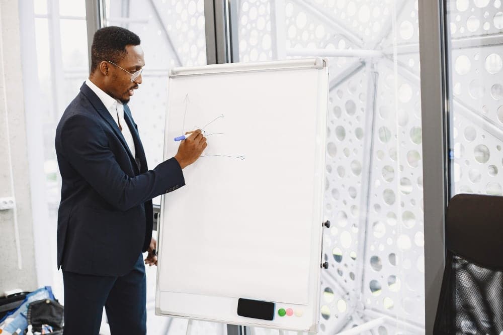 A facilitator in a suit writing on a whiteboard during a workshop session