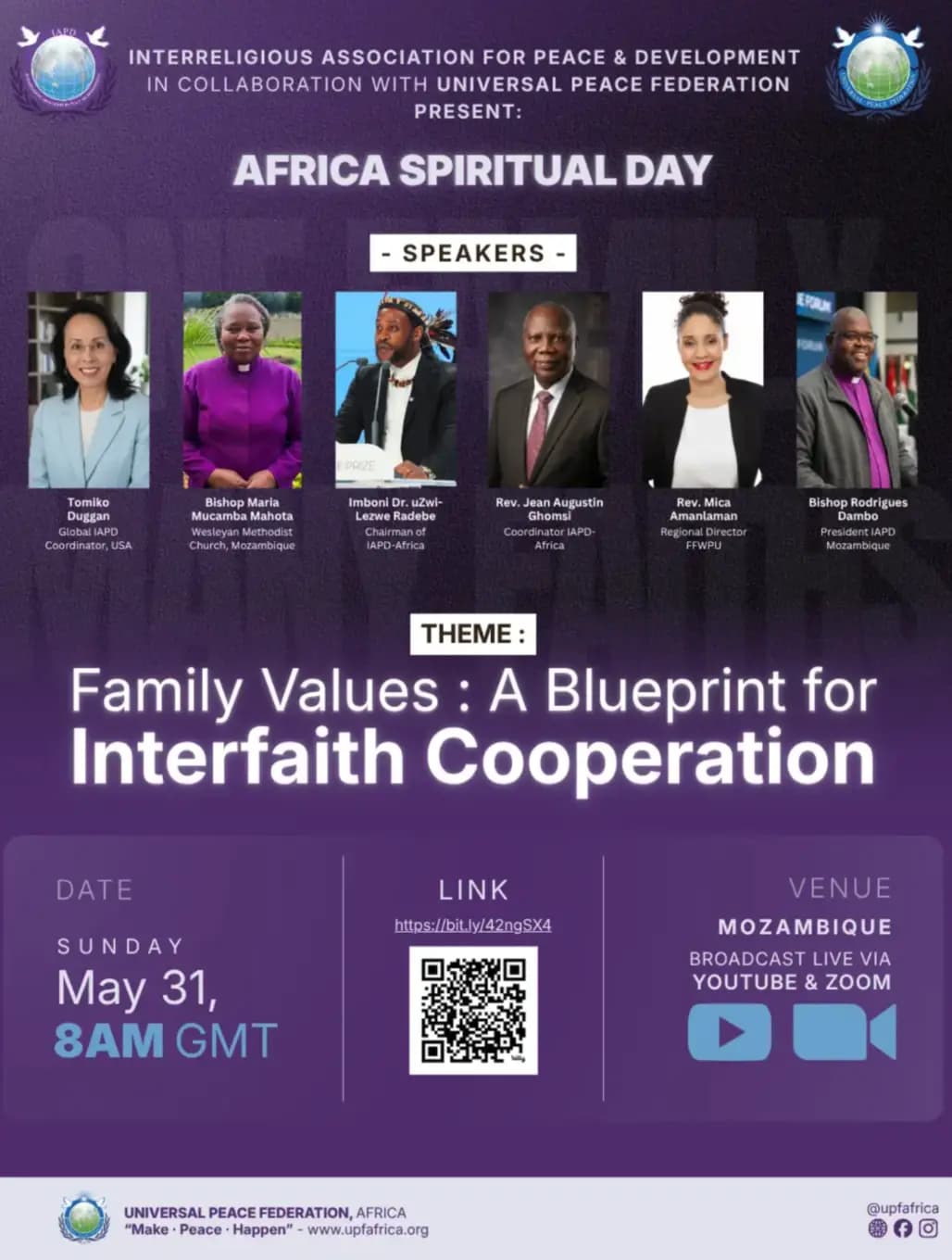 Africa Spiritual Day poster listing the speakers, with the theme Family Values: A Blueprint for Interfaith Cooperation, held Sunday 31 May in Mozambique.