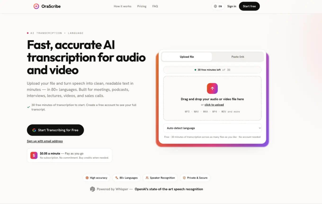 The OraScribe website, offering fast, accurate AI transcription for audio and video, with a panel for uploading a file.