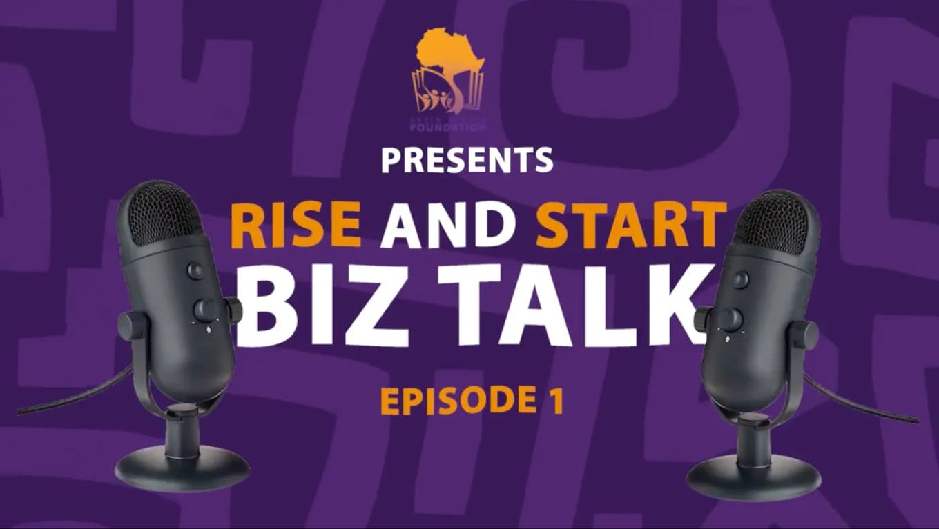 Title card for RISE and Start Biz Talk, Episode 1, showing two studio microphones on a purple background with the Kevin Winter Foundation logo.