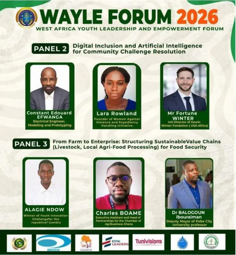 WAYLE Forum 2026 panel line-up, listing the speakers for the panels on digital inclusion and artificial intelligence, and on sustainable value chains for food security.