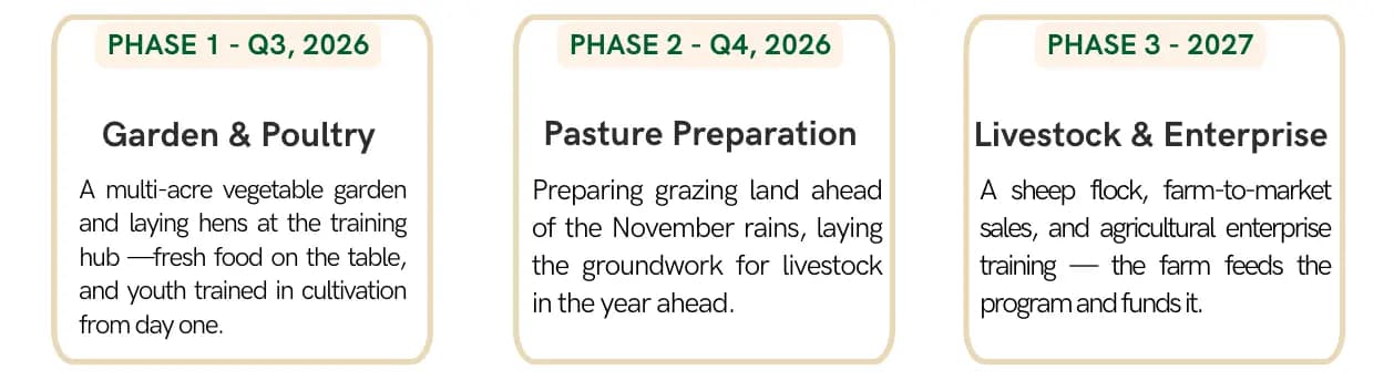 The project plan in three phases: Garden and Poultry in Q3 2026, Pasture Preparation in Q4 2026, and Livestock and Enterprise in 2027.
